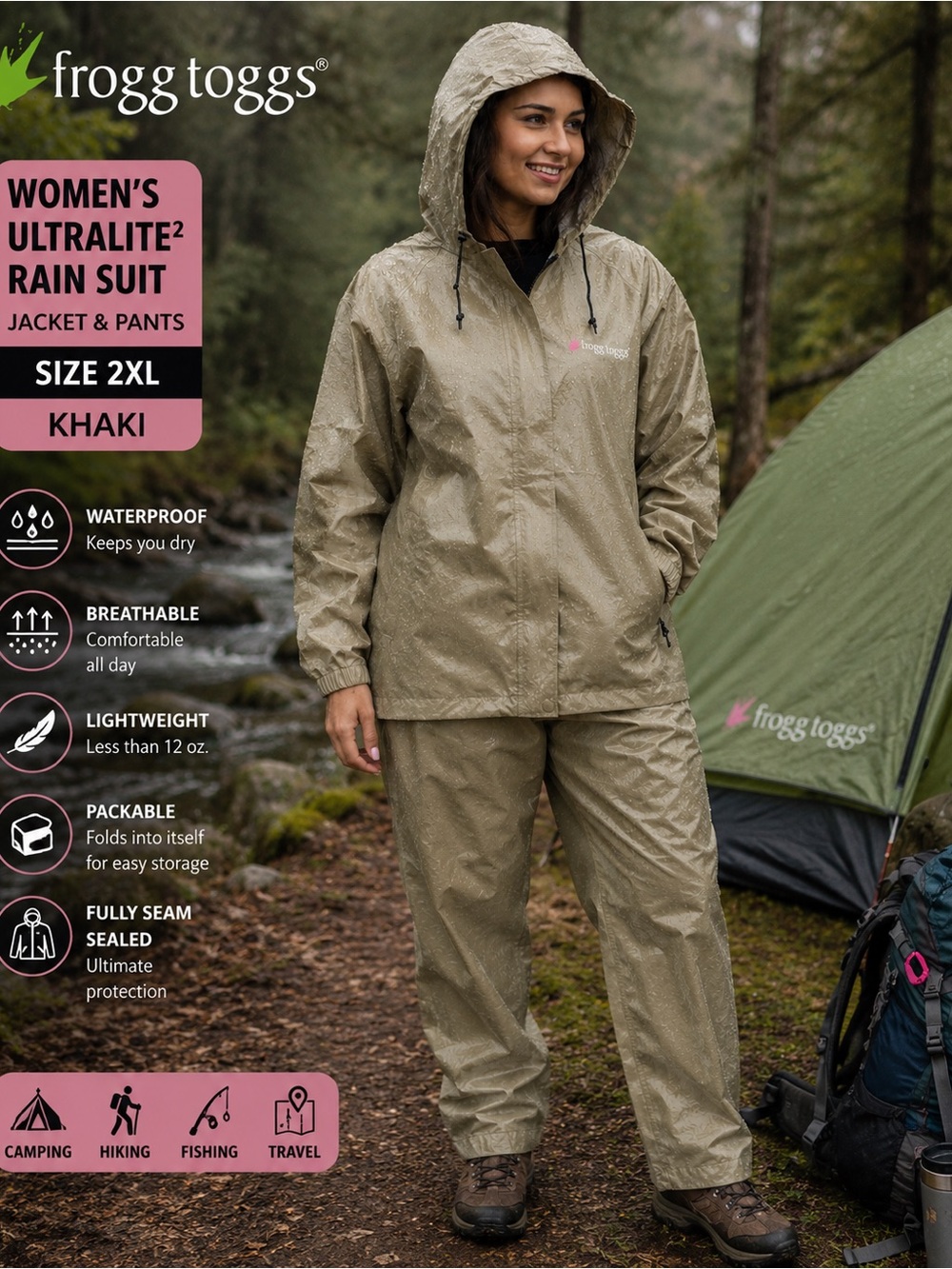 NEW Frogg Toggs UltraLite2 Women’s Rain Suit 2XL Waterproof Packable Khaki